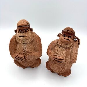 Set of 2 Handcarved Coconut Monkey Apes Folk Art